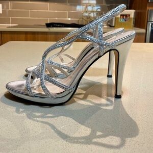 Silver Metallic ‘Zarielle’ 4” Rhinestone Strappy Heel by Caparros  Worn1X